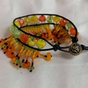 Woven Bracelet with Vintage Glass Yellow, Orange and Green Beads, Antique Button